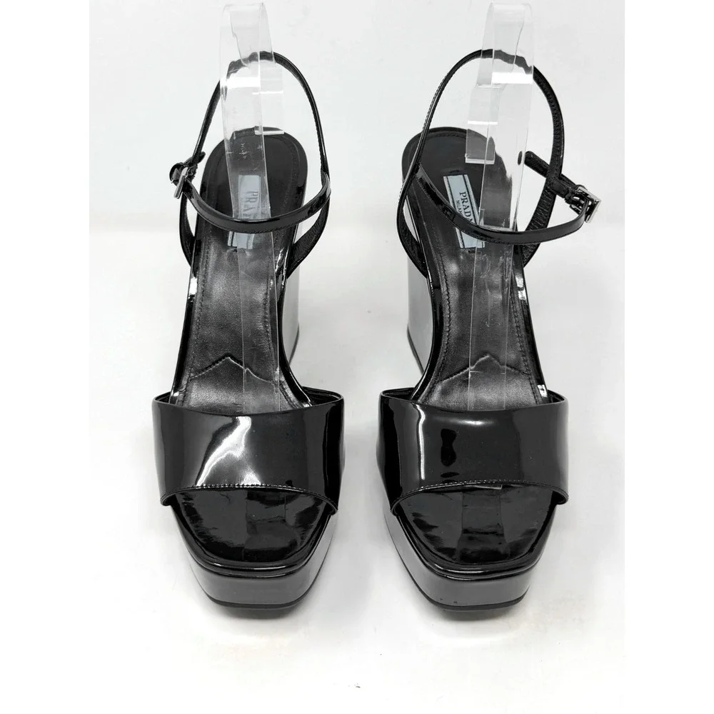 Prada Black Patent Leather Platform Wedge Sandals Size 41 Ankle Strap‎ Heels